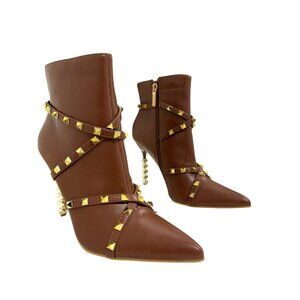New Cape Robbin Ines Brown Studded Pointed Toe Ankle Boots Spiral Heels Size 8